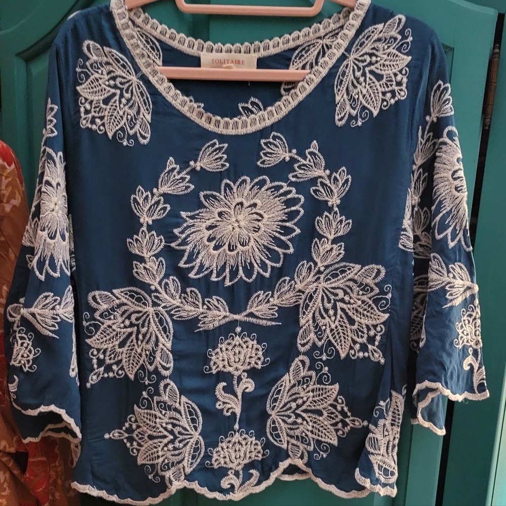 Solitaire Blue and White Embroidered Blouse